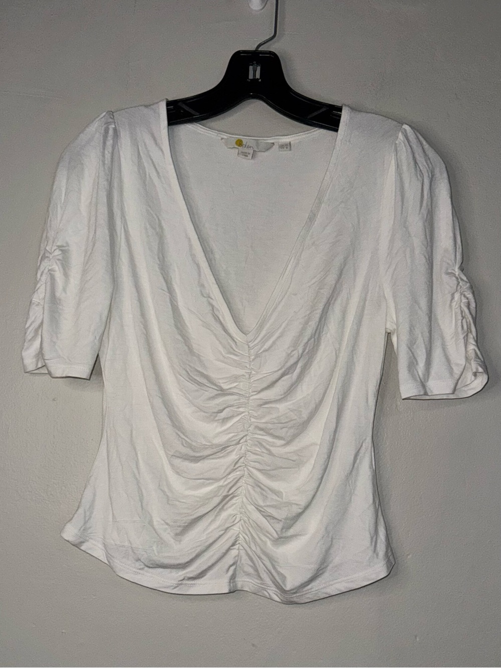 Boden White Ruched V-Neck Puff Sleeve Top